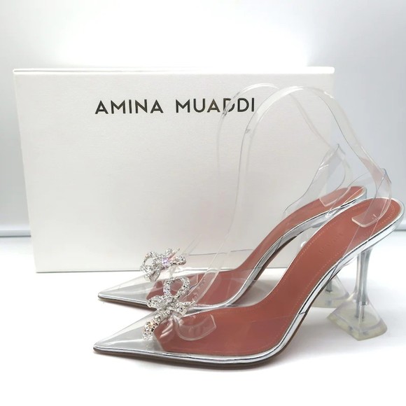 Amina Muaddi Shoes - Amina Muaddi Rosie Glass Slingback Pumps Clear PVC Size 38.5 Crystal Bow Heels